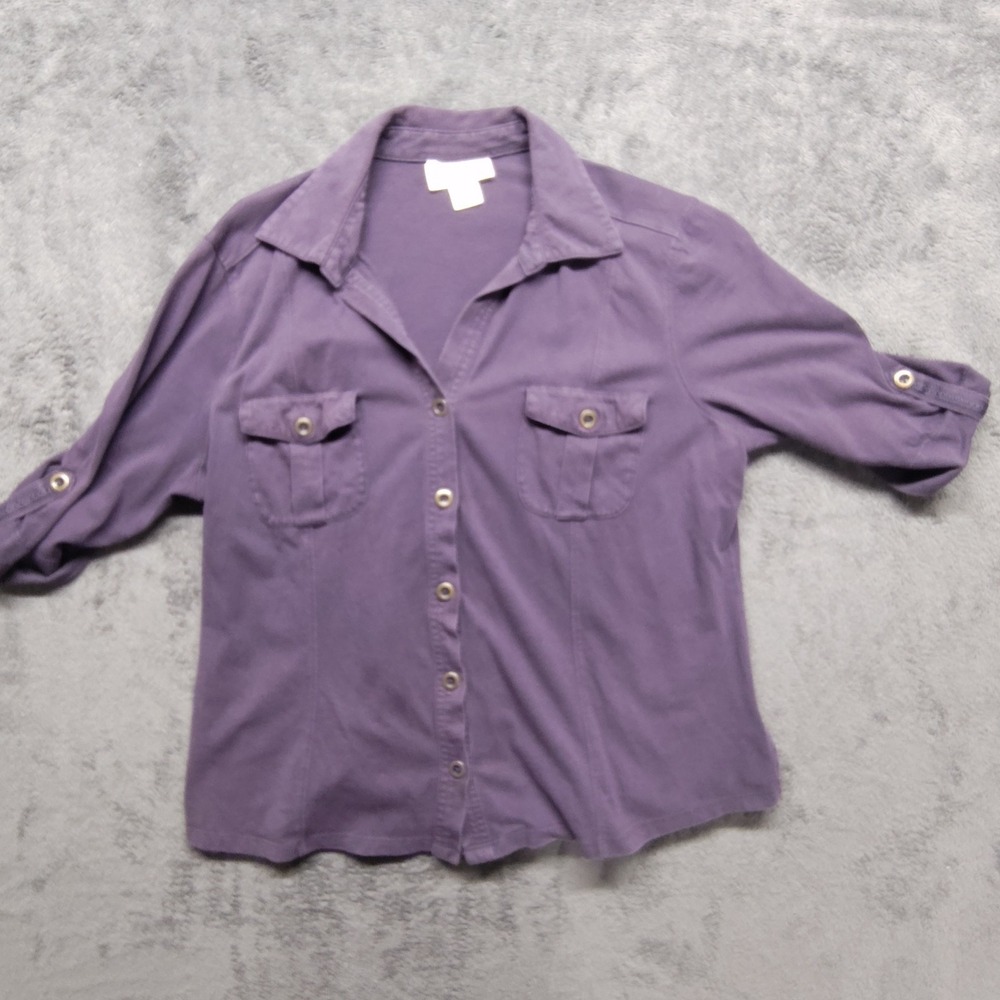 Style & Co top petite L button down roll tab sleeve casual teacher simple cotton